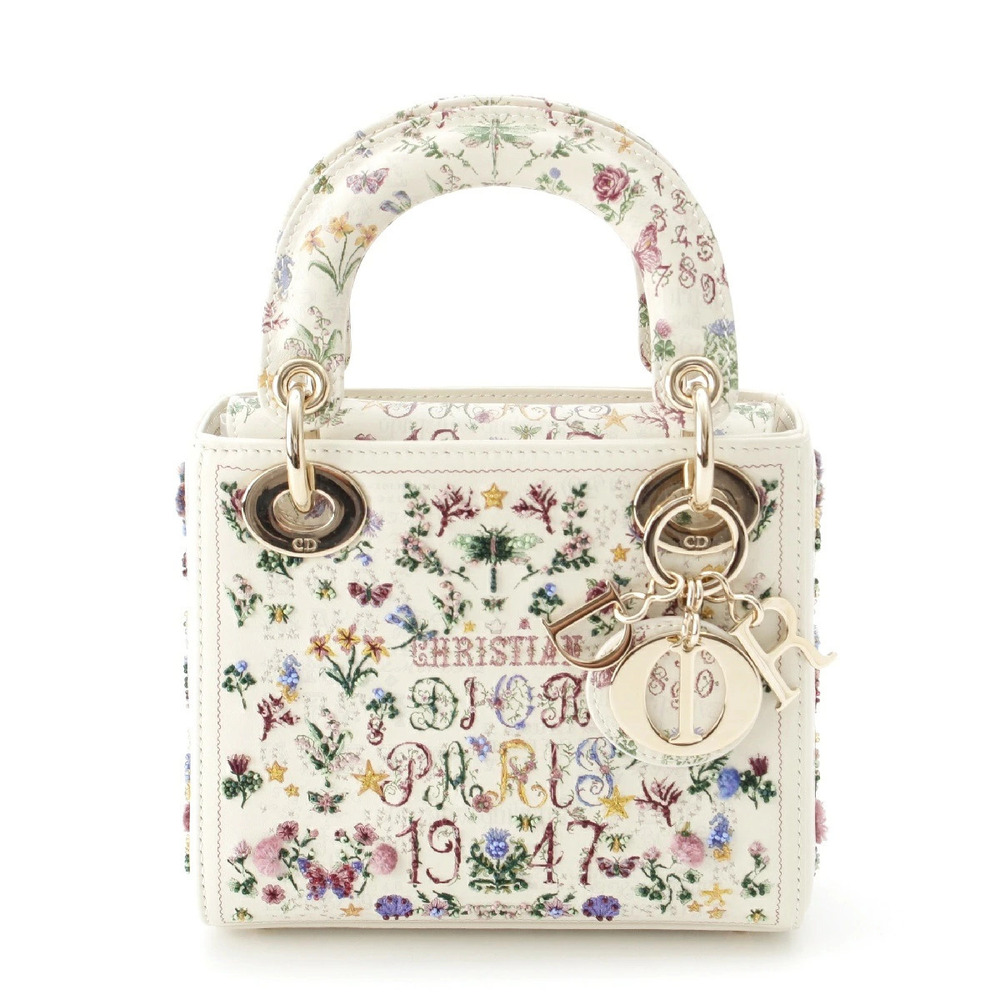 Christian Dior Lady Beaded Embroidery Shoulder Handbag White
